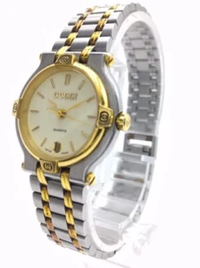 GUCCI 9000L DATE White Ivory Silver Gold Vintage Woman's Watch (Excellent) - Picture 1 of 11