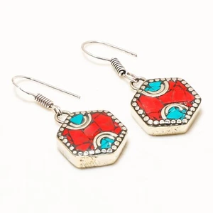Italian Coral,Turquoise Natural Gemstone 925 Sterling Silver Jewelry Earring2.25 - Picture 1 of 3