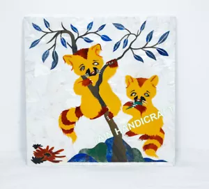 18'' white Marble pandas side table top inlay tiger eye wall panel scenery - Picture 1 of 3
