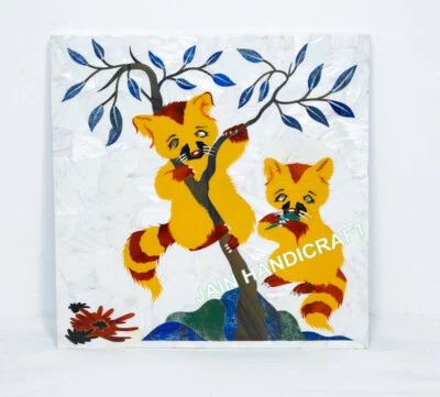 18'' white Marble pandas side table top inlay tiger eye wall panel scenery - Image 1 of 3