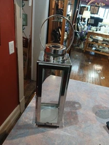 Hurricane Lantern Candle Holder Polished Silver-tone Glass 17 3/4" - Picture 1 of 12