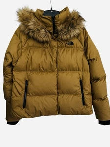 North Face Dealio Down Crop Jacket Women’s British Khaki 550-Fill Faux Fur EUC L - Bild 1 von 7