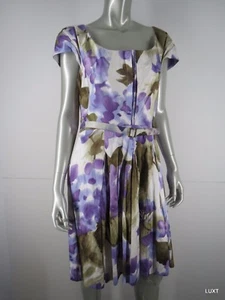 Vestido Teri Jon Talla 14 L Púrpura Crema Mezcla de Seda Floral Cinturón Ajuste Flage Línea A - Imagen 1 de 11