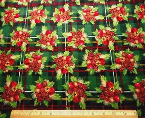 Christmas Fabric 7/8+ Yard Pinecone Holly Metallic Gold Green Plaid Cotton #2 C - Picture 1 of 2