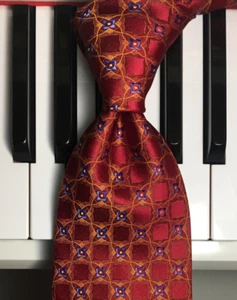 MARTIN WONG / Stellar Sapphire Blue & Orange "Quasar" on Cinnabar Red Silk Tie - Picture 1 of 10