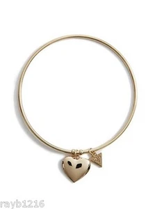 NWT Guess Gold Metal Heart Charm Bangle Bracelet w/Triangle Logo Charm - Picture 1 of 2