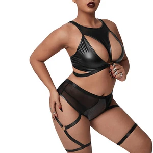 Mujeres Arnés Hueco Lencería Sujetador y Panty Ligueros Conjunto Ropa Interior Látex - Imagen 1 de 22