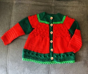 Erdbeere Jacke handgestrickt Gr. 92 Rot/Grün Länge 43 cm Mantel - Bild 1 von 2