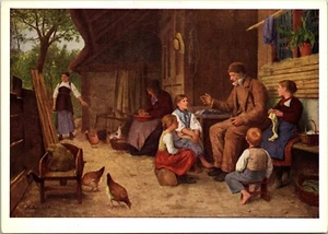 The Grandfather Tells a Story Albert Anker Postcard knitting, chickens - Picture 1 of 2