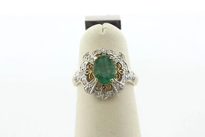 Anello oro giallo 10 kt stile retrò oro bianco faccia diamanti e smeraldi - misura 5,5 - Foto 1 di 5