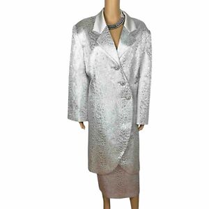 Moshita Couture Polyester Metallic Skirt Suit Size 22 Silver Shiny Lined 2PC