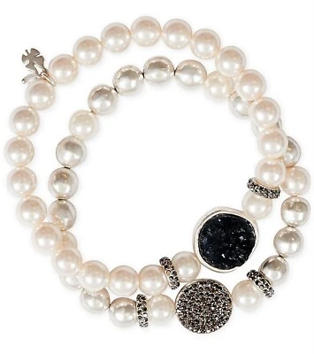 Juego de 2 brazaletes elásticos Lucky Brand piedra druzy cristal imitación perla tono plata Foto 1 de 4