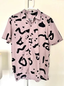 Men’s Short-Sleeve Button-Up Shirt – Abstract Black Brush-Stroke Print – Size S - Picture 1 of 9