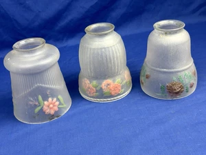 3 C.1920 Reverse Paint Glass Shades ~ FLOWERS ~ No Chips/Cracks, Fitter 2 3/16" - Picture 1 of 22