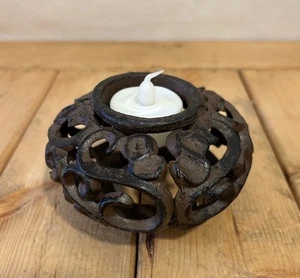 Cast Iron Tealight Holder Rustic Scrollwork Votive Round Brown 3.5" Decor - Picture 1 of 11