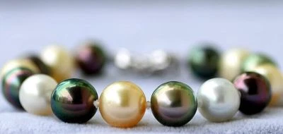 7.5"-8"10-11mm natural south sea white gold black green round pearl bracelet - Image 1 of 2