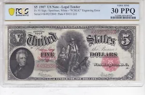 1907 $5 DOLLAR BILL ERROR VERY FINE PCGS 30 PPQ - Picture 1 of 2