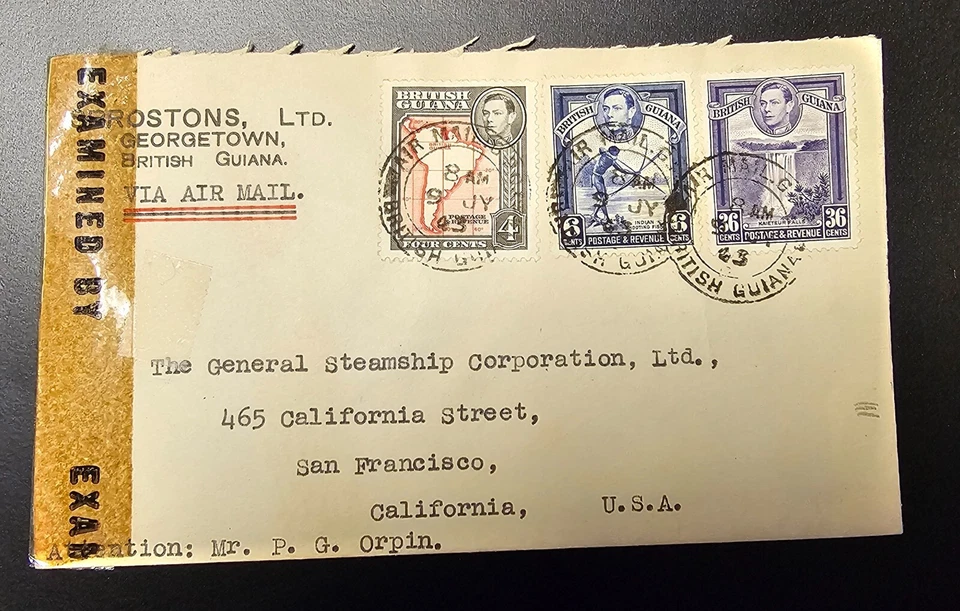 Guayana Británica 1943 Segunda Guerra Mundial Cubierta Examinada por 4128 Enviada a San Francisco California Foto 1 de 4