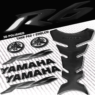 BLACK PRO GRIP FUEL TANK PAD+6" 3D YAMAHA LOGO+YZF-R6/R6S FAIRING EMBLEM STICKER - Image 1 of 4