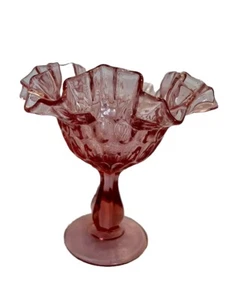 Vntg Fenton Glass Cranberry Ruffled Edge Thumbprint Candy Dish Compote Pink 6” - Picture 1 of 6
