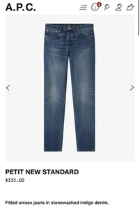 A.P.C. Jeans Unisex Blue Denim Button Fly Fitted Petit New Standard Sz 33 - Picture 1 of 7
