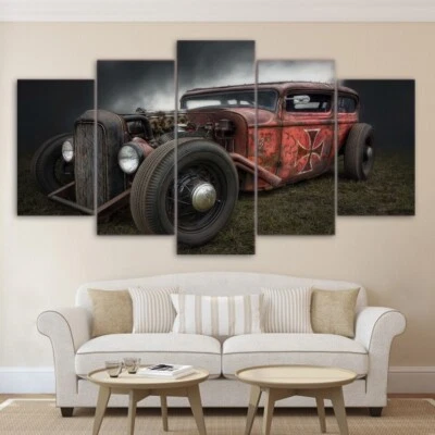 Antiguo póster de arte de pared moderno con impresión en lienzo de 5 paneles Hot Rod Muscle Car decoración del hogar Foto 1 de 4