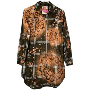Handmade Flannel Dress Womens Small Boho Stencil Bleached Floral Tunic Green - Picture 1 of 11