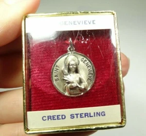 VINTAGE SAINT ST GENEVIENE CREED RUNDER CHARM ANHÄNGER 925 STERLING SILBER - Bild 1 von 7