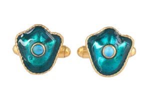 Turquoise 14K Gold Plated Art Deco Enameled Cufflinks - Picture 1 of 5