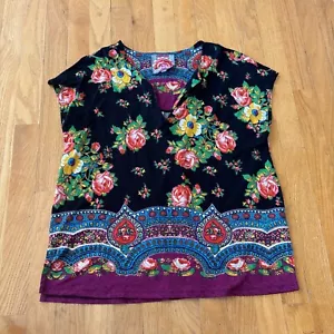 Johnny Was Blouse Womens Size Large Short Sleeve Black Floral - Picture 1 of 5