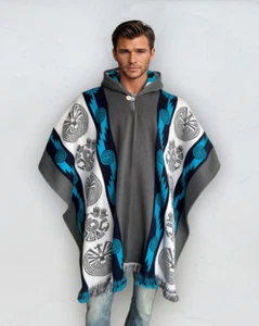 Alpaca Poncho with Hood blue/gray | Soft Wool | Native Design | Handcrafted - Picture 1 of 9