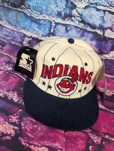 Vintage Neu mit Etikett Cleveland Indians Chief Wahoo Starter weiße Nadelstreifen Druckknopflasche Mütze - Bild 1 von 10