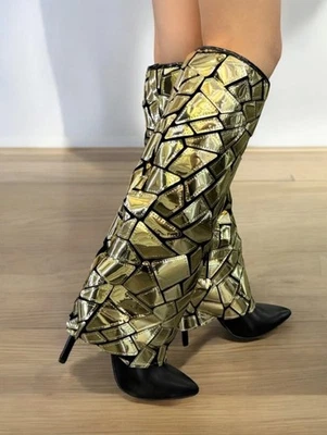 Women’s Knee-High Gold Mosaic Stiletto Boots Statement Heels Futuristic size 38 - Image 1 of 4