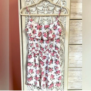 Cotton On romantic, cottagecore white romper with ruffle and pink roses small - Picture 1 of 9