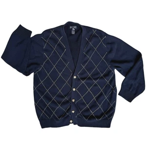 Lands' End Navy Blue Argyle Cardigan Sweater Mens Large Preppy Classic Academia  - Picture 1 of 14