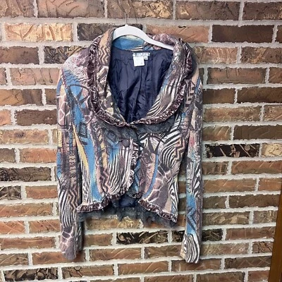 ALBERTO MAKALI multicolor abstract velvet ruffle/lace knit cardigan Womens Med - Image 1 of 4