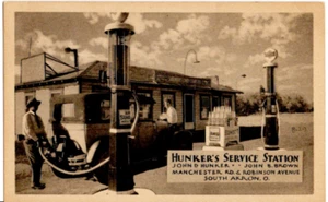 CARTOLINA Hunker's Service Station Manchester Road e Robinson Avenue Akron 0190 - Foto 1 di 2