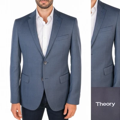 Theory Mens Wool Plaid Blue Sport Coat Jacket Blazer Sz 38R Two Button EUC - Image 1 of 4