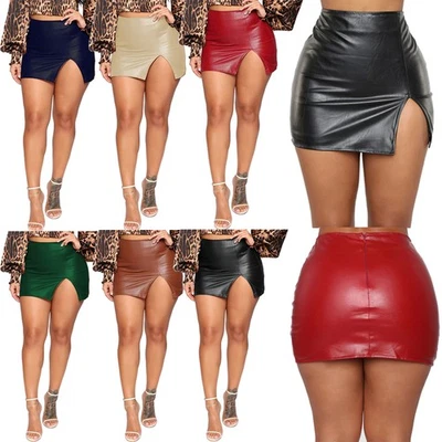 Sexy falda de baile de poste de club nocturno de color liso de cuero dividido falda línea A Foto 1 de 4