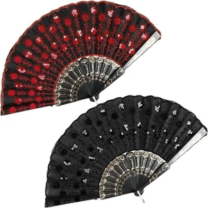 Embroidered Sequins Fabric Hand Fan Folding Handheld Fan for Wedding Party Dance - Picture 1 of 11