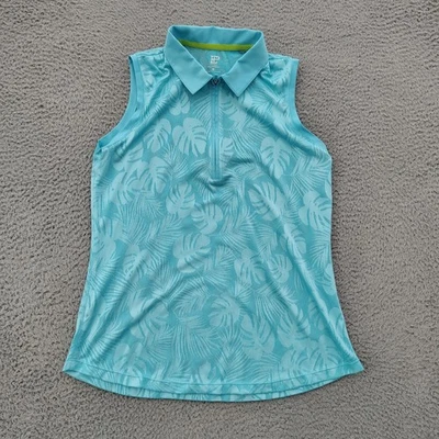 Camisa EP Pro para mujer azul medio sin mangas polo de golf estampado de hojas tropicales Foto 1 de 4