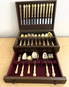 1975 WM ROGERS & SON 67 pc Gold Plate Flatware Set w/Chest Flirtation Pattern - Picture 1 of 8