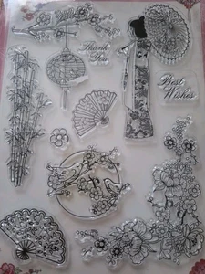 9 Oriental Clear Silicone Stamps Geisha Girl Bamboo Lanterns Fan - Picture 1 of 3
