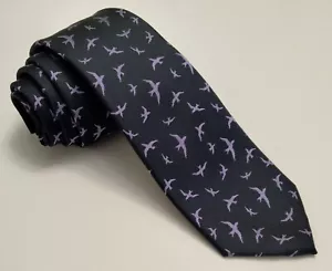 New Mens Wembley Skinny Silk Blend XL Tie Navy Blue w/ Purple Birds 60" x 2.75" - Picture 1 of 3