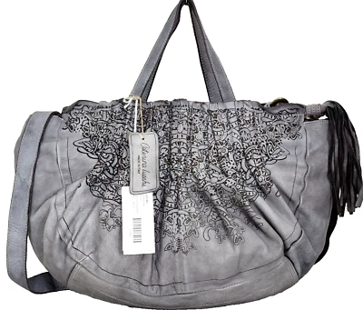 🌞CATERINA LUCCHI DESIGNER LAZER CUT FLORAL GREY LEATHER LG TOTE BAG X-BODY🌺NWT - Image 1 of 4