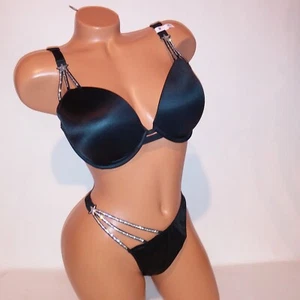 Victoria Secret BH Set 36D Push Up XL Brazilian Panty Glanz Träger Schwarz Glanz - Bild 1 von 12