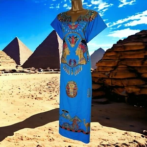 Vintage Egyptian Womens maxi kaftan Size XL embroidered cotton tunic Nefertiti O - Picture 1 of 8