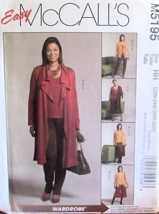 McCalls 5195 Womens Plus 22-28W Draped Coat Jacket Gaucho Pants Top Pattern UNCT - Picture 1 of 2