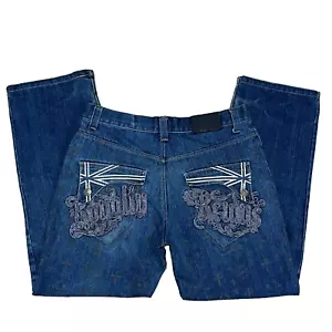 Raw Blue Embroidered Jeans 34x32 Wide Leg Baggy Cross Graphic Print Hip-Hop JNCO - Picture 1 of 22