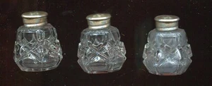 THREE 1-3/4" CUT GLASS SALT & PEPPER SHAKERS WITH .925 STERLING & MOP (I981) - Picture 1 of 7